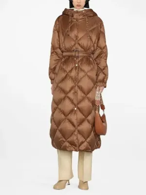 Belted Diamond-Quilted Hooded Coat