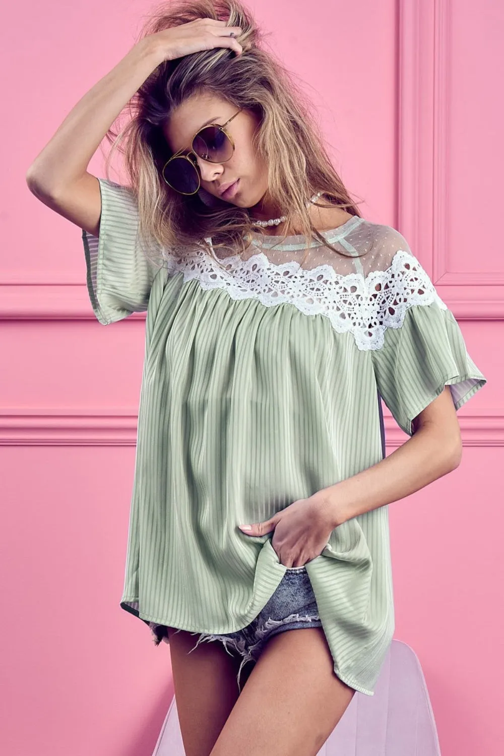 BiBi Lace Detail Short Sleeve Striped Blouse in Sage