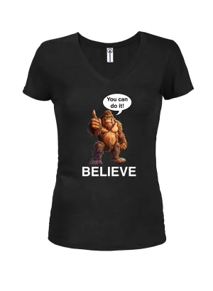 Bigfoot Believe Juniors V Neck T-Shirt