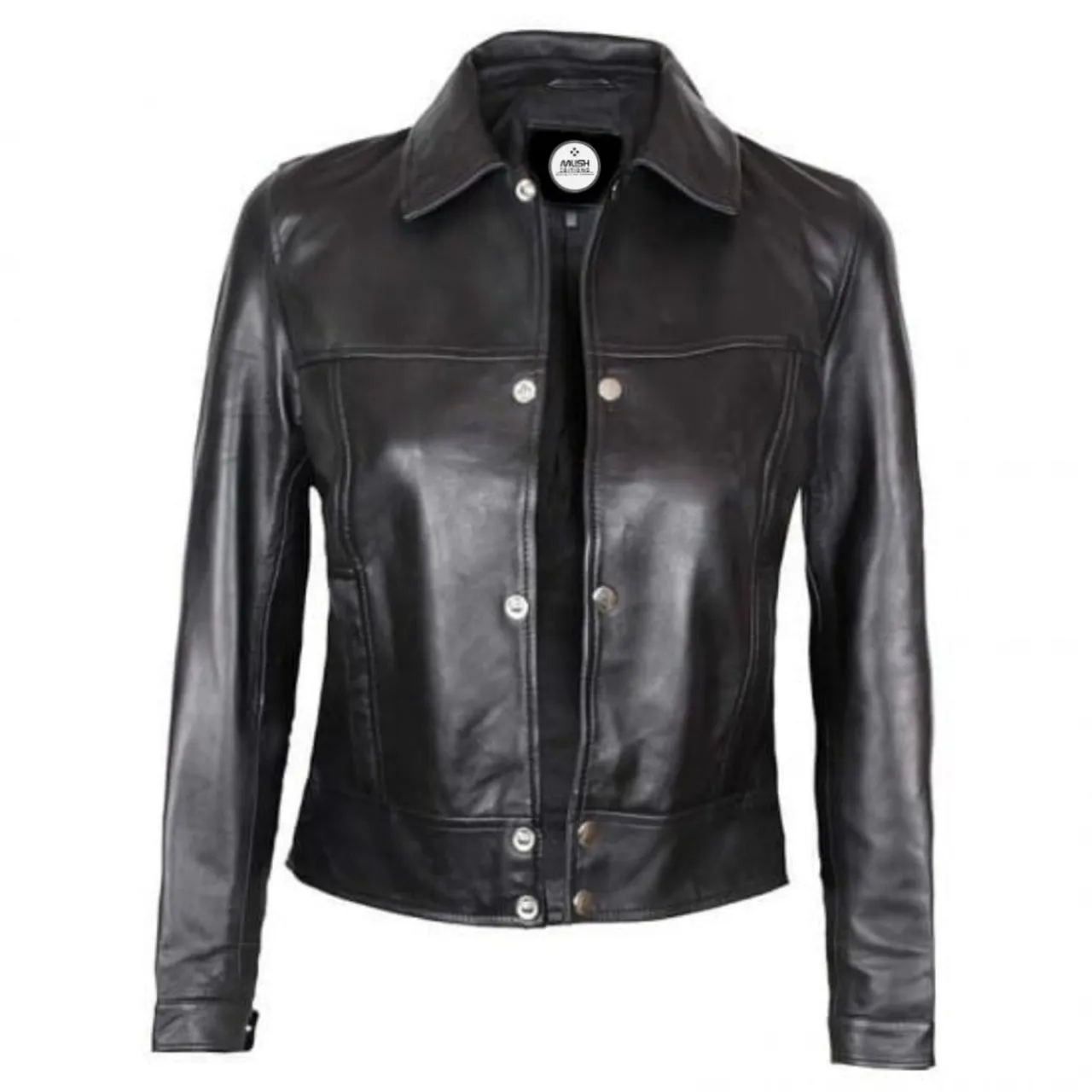 Black Button Up Casual Leather Jacket For Women