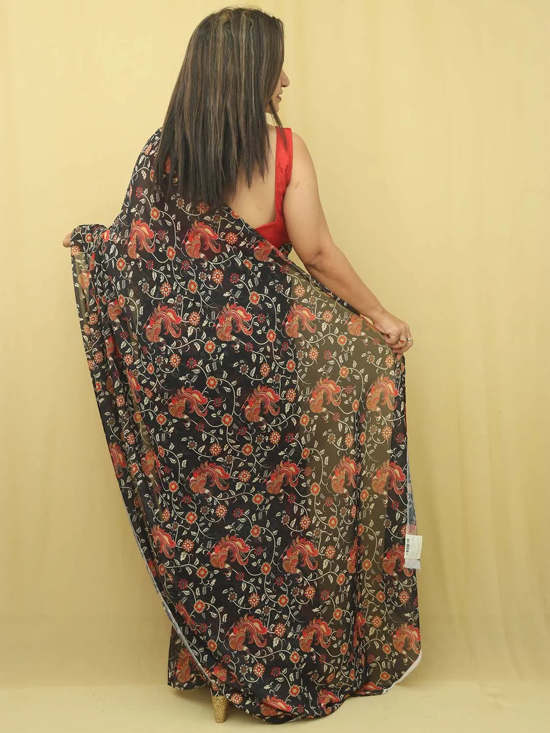 Black Digital Printed Georgette Floral Design Saree