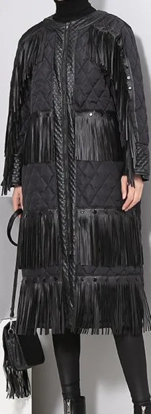 Black Fringed Quilted Coat