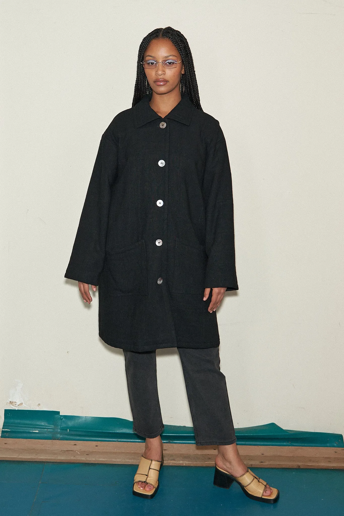 Black Linen Quilted Mid Length Coat