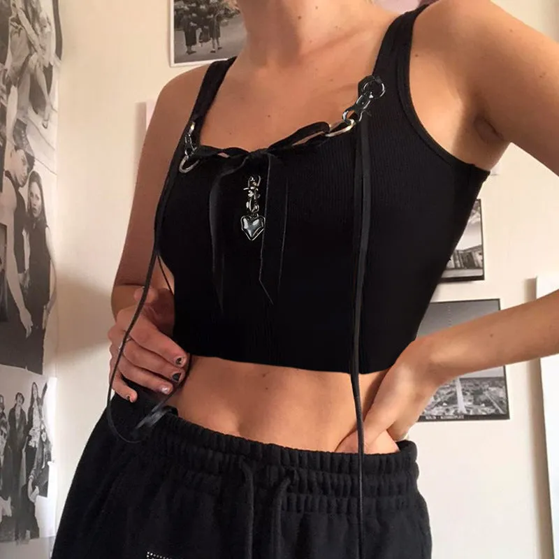 Black Ribbon Strap Crop Top with Heart Charm