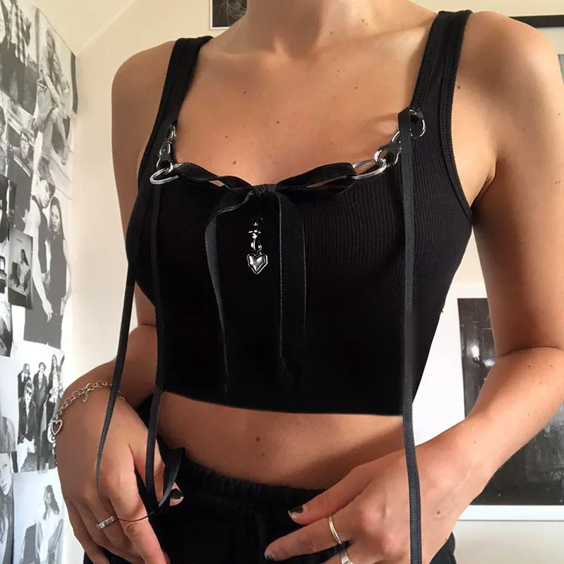 Black Ribbon Strap Crop Top with Heart Charm