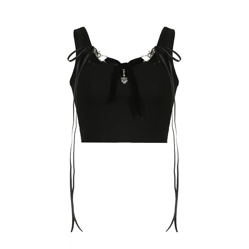 Black Ribbon Strap Crop Top with Heart Charm