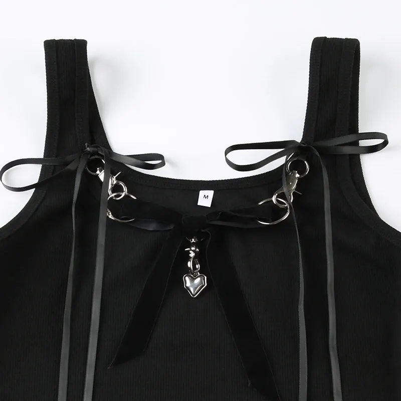 Black Ribbon Strap Crop Top with Heart Charm