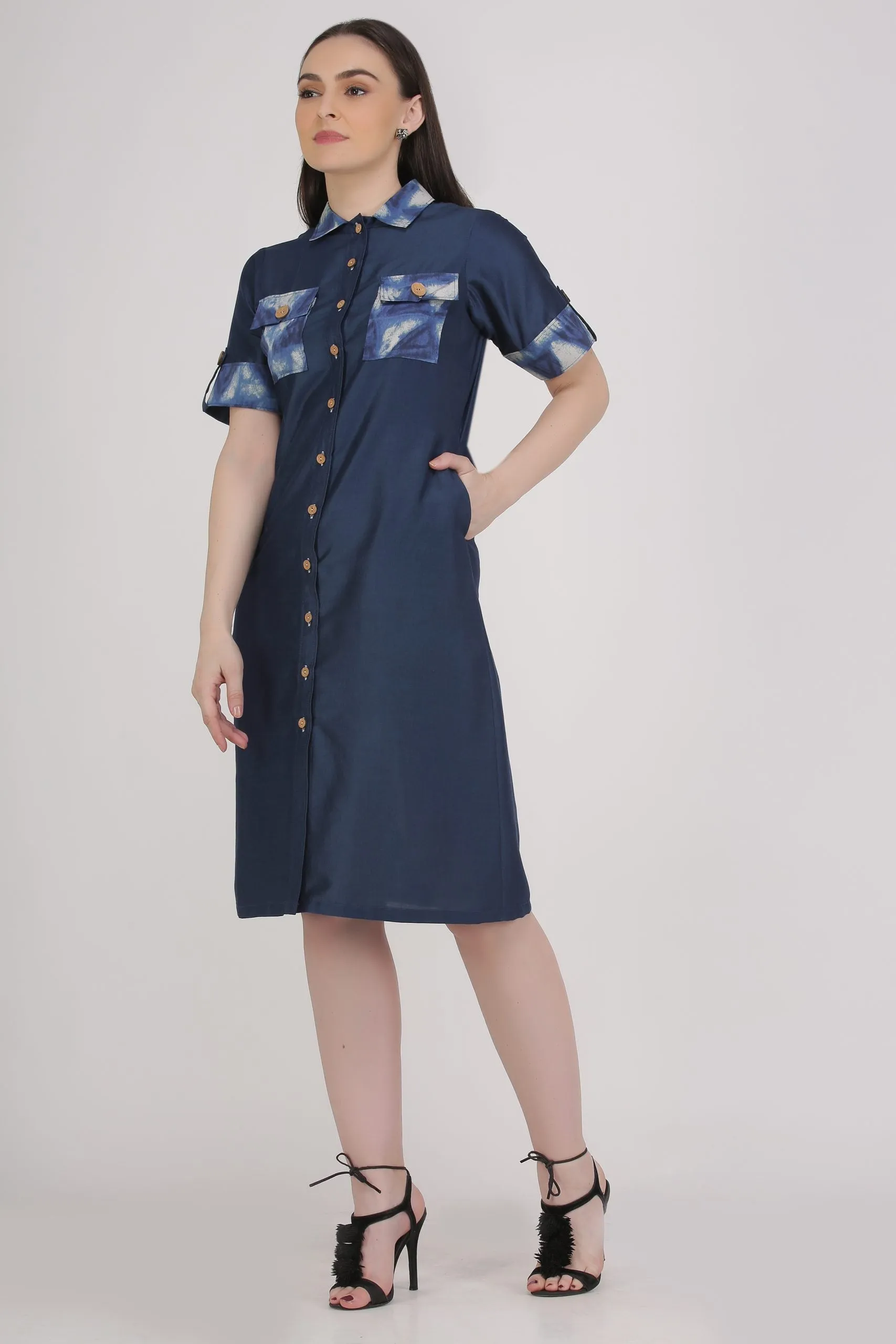 Blue Knee Length Comfortable Formal Shirt Dress