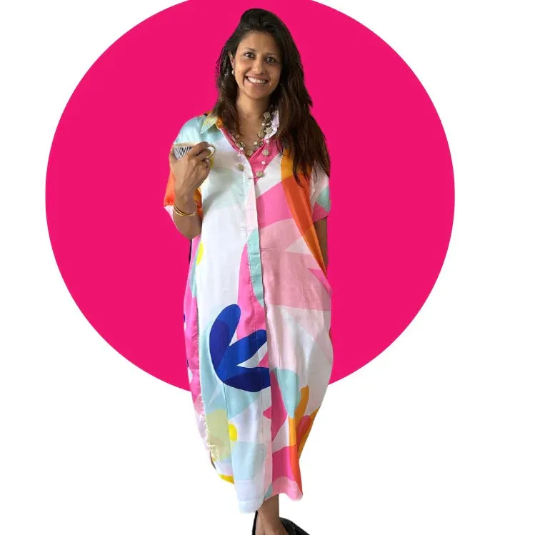 Blue, pink, yellow abstract print shirt dress