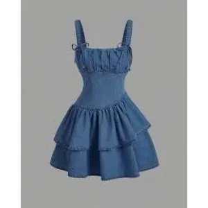 Bow Strap Asymmetrical Denim Double Layered Dress