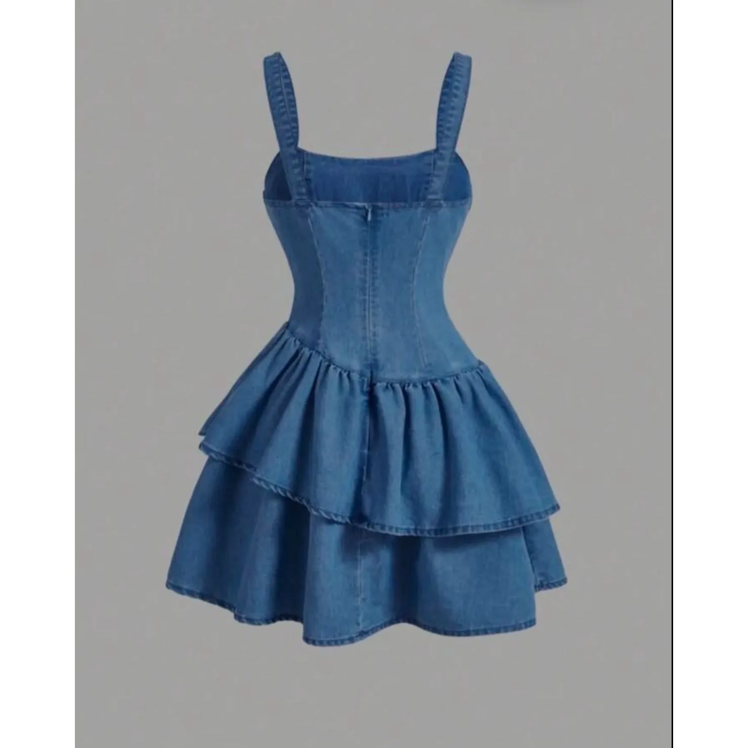 Bow Strap Asymmetrical Denim Double Layered Dress