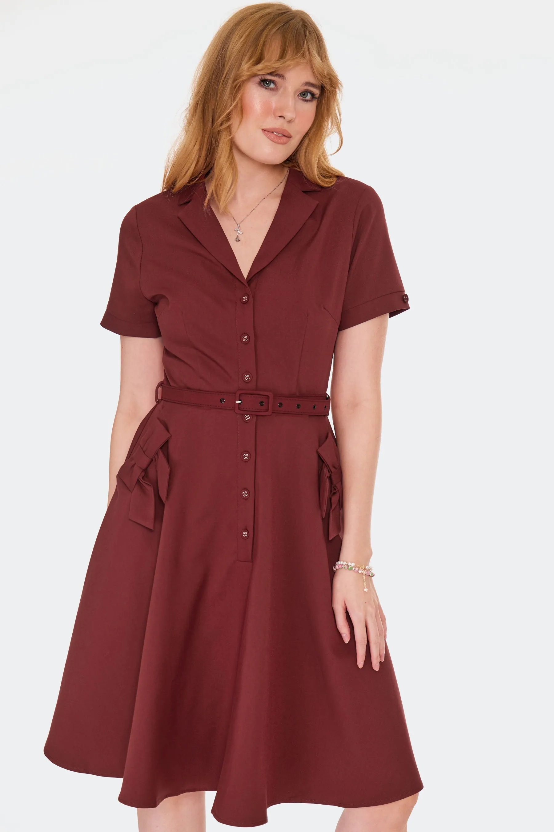 Burgundy Shirt Dress with Bow Pockets by Voodoo Vixen