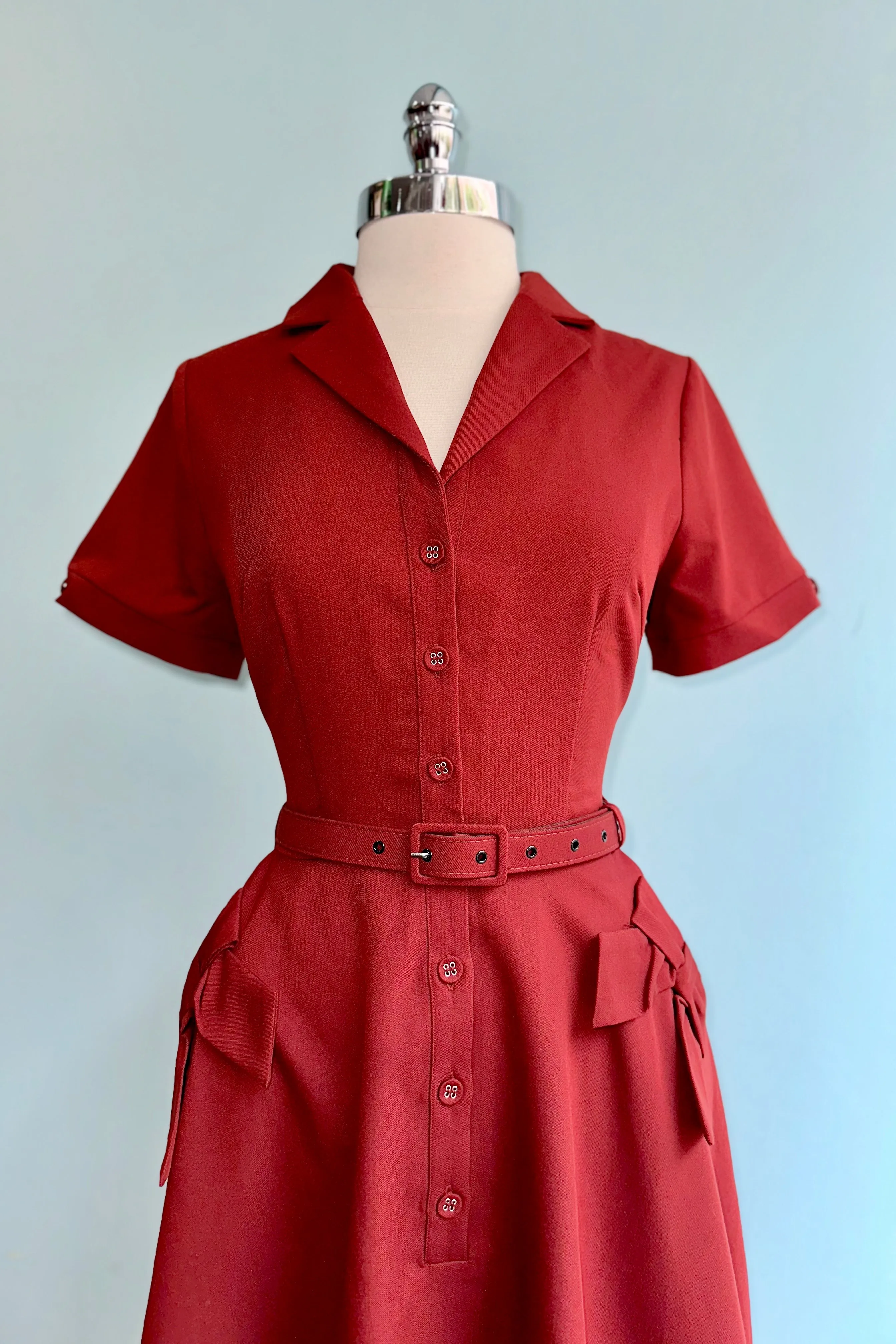 Burgundy Shirt Dress with Bow Pockets by Voodoo Vixen