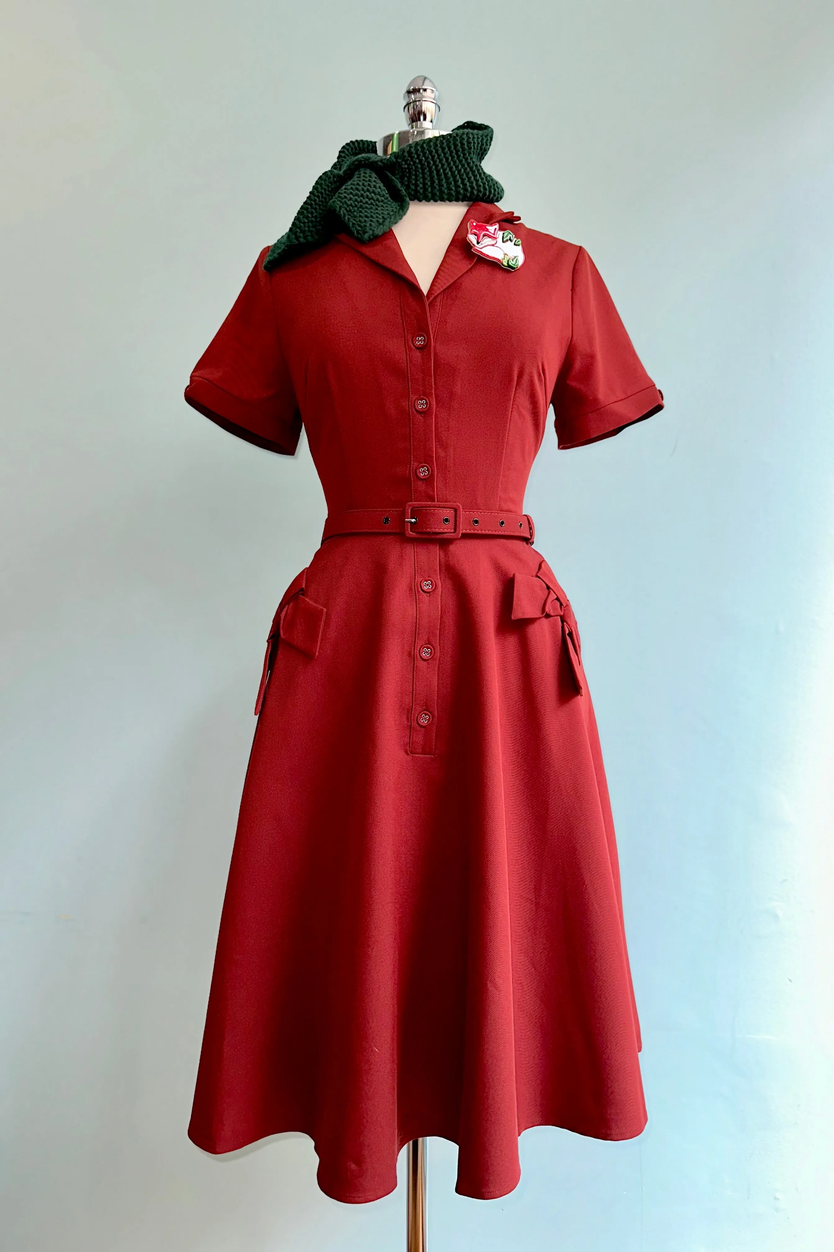 Burgundy Shirt Dress with Bow Pockets by Voodoo Vixen