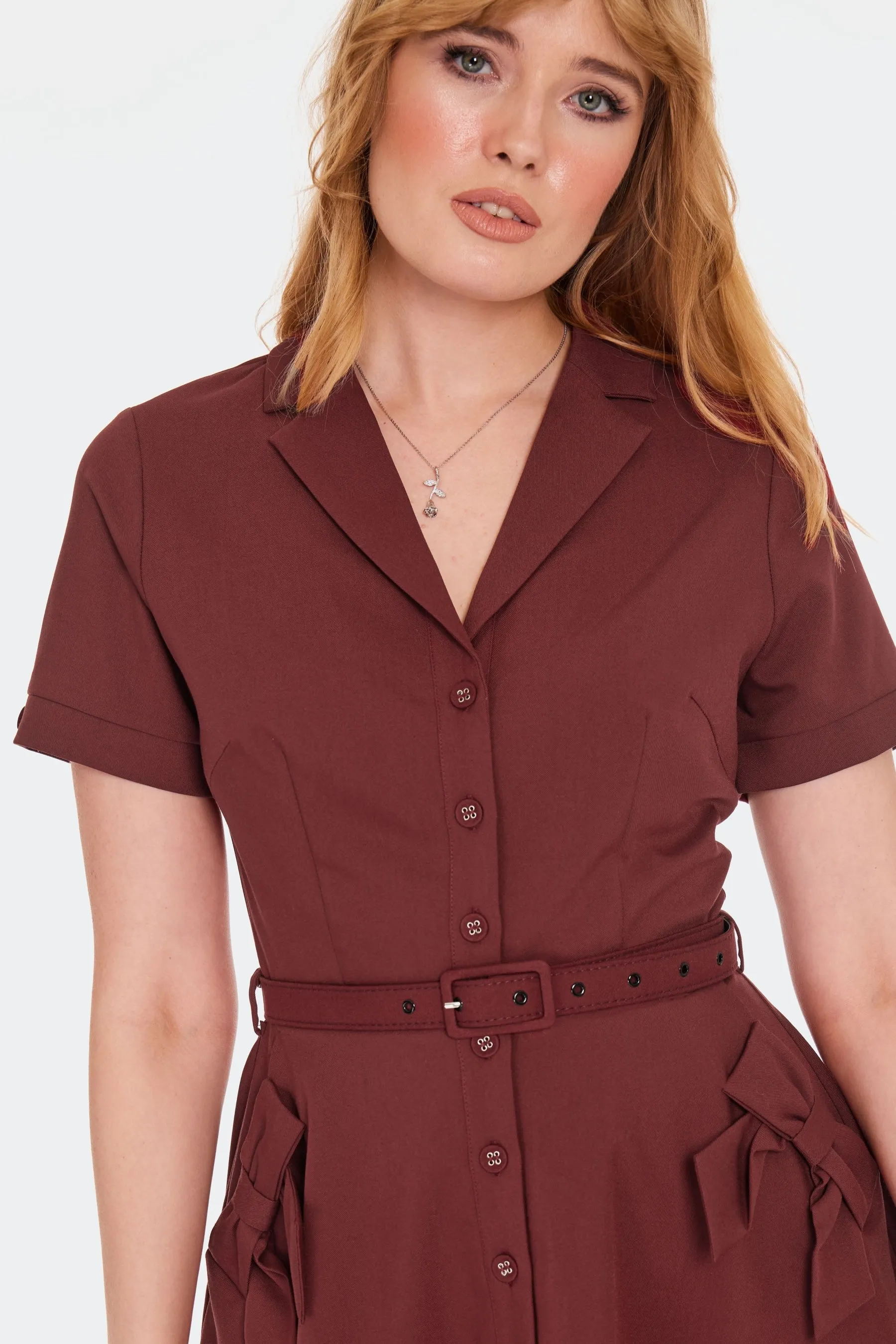 Burgundy Shirt Dress with Bow Pockets by Voodoo Vixen