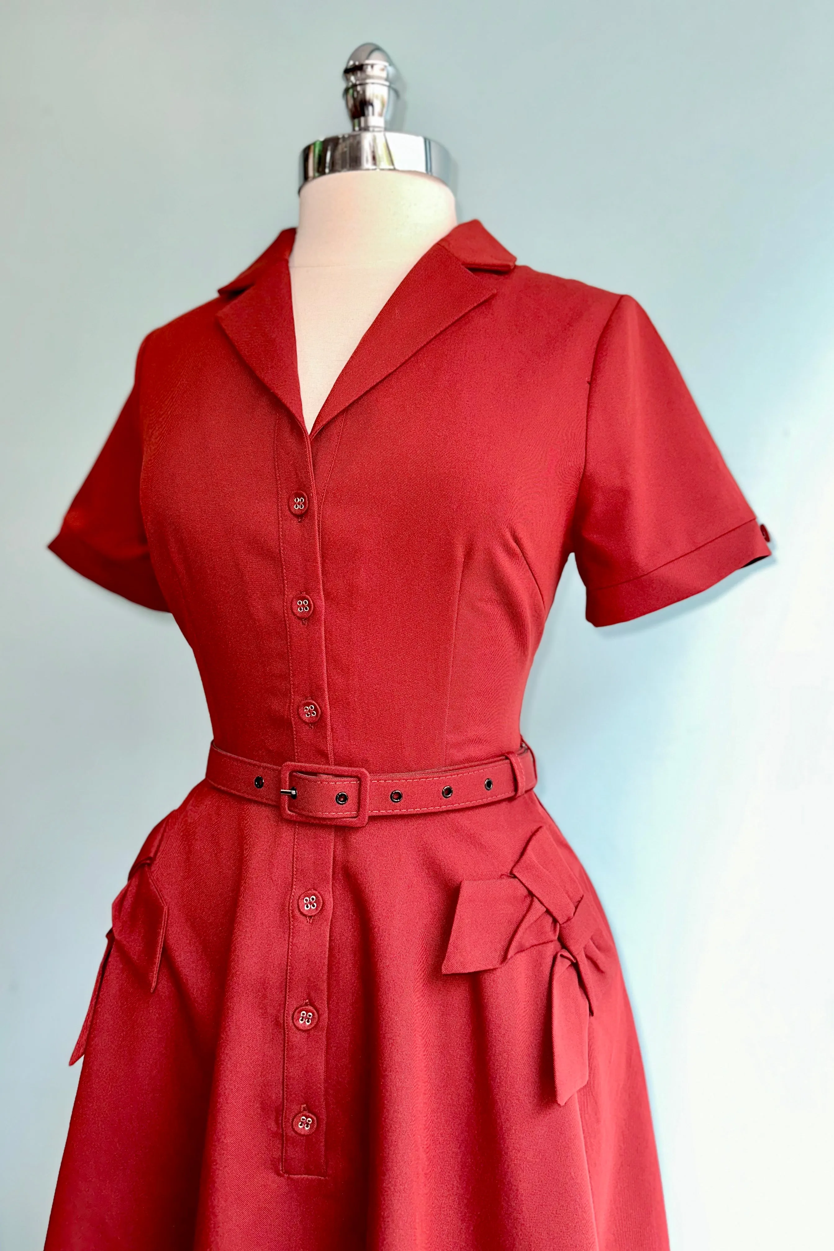 Burgundy Shirt Dress with Bow Pockets by Voodoo Vixen