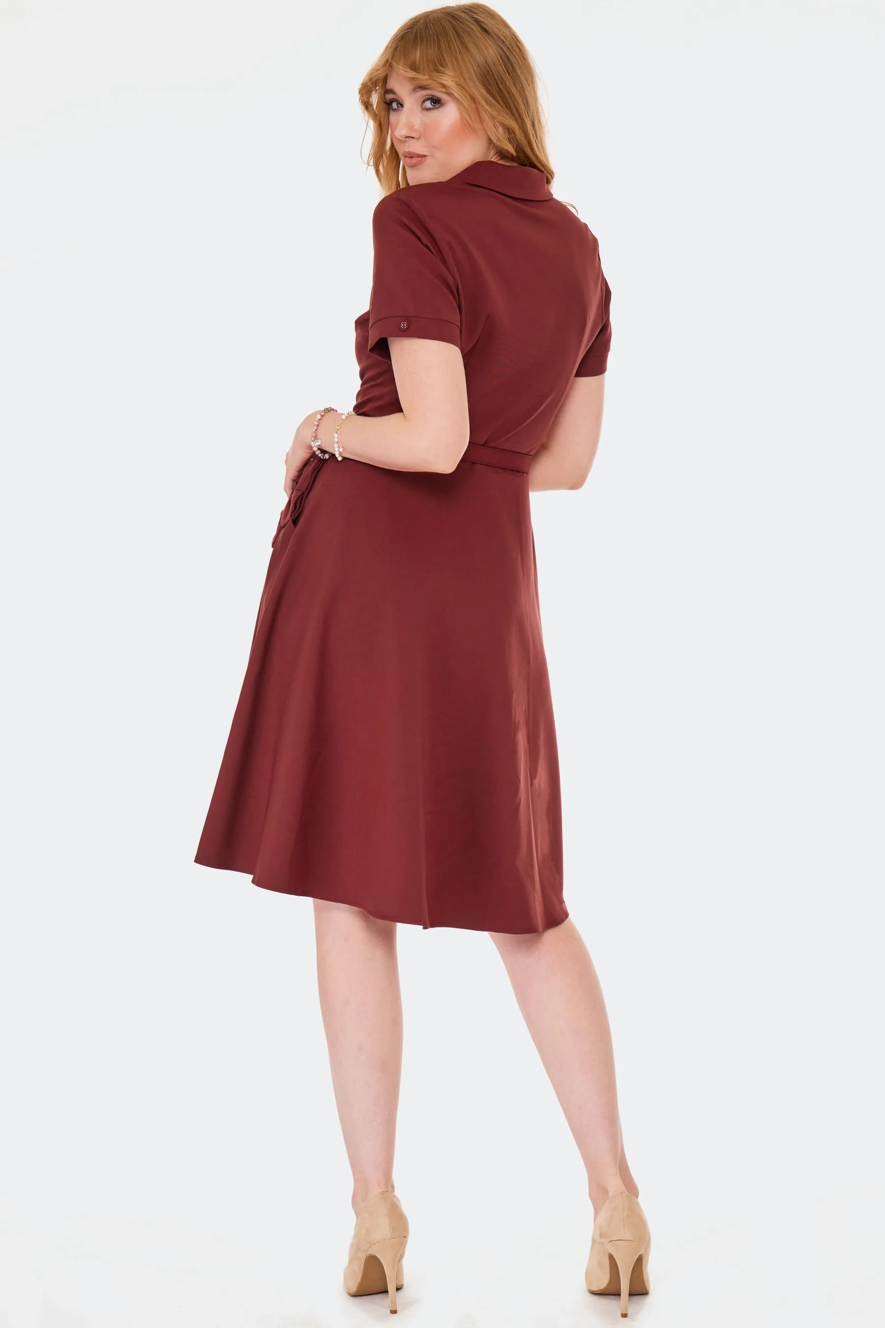 Burgundy Shirt Dress with Bow Pockets by Voodoo Vixen