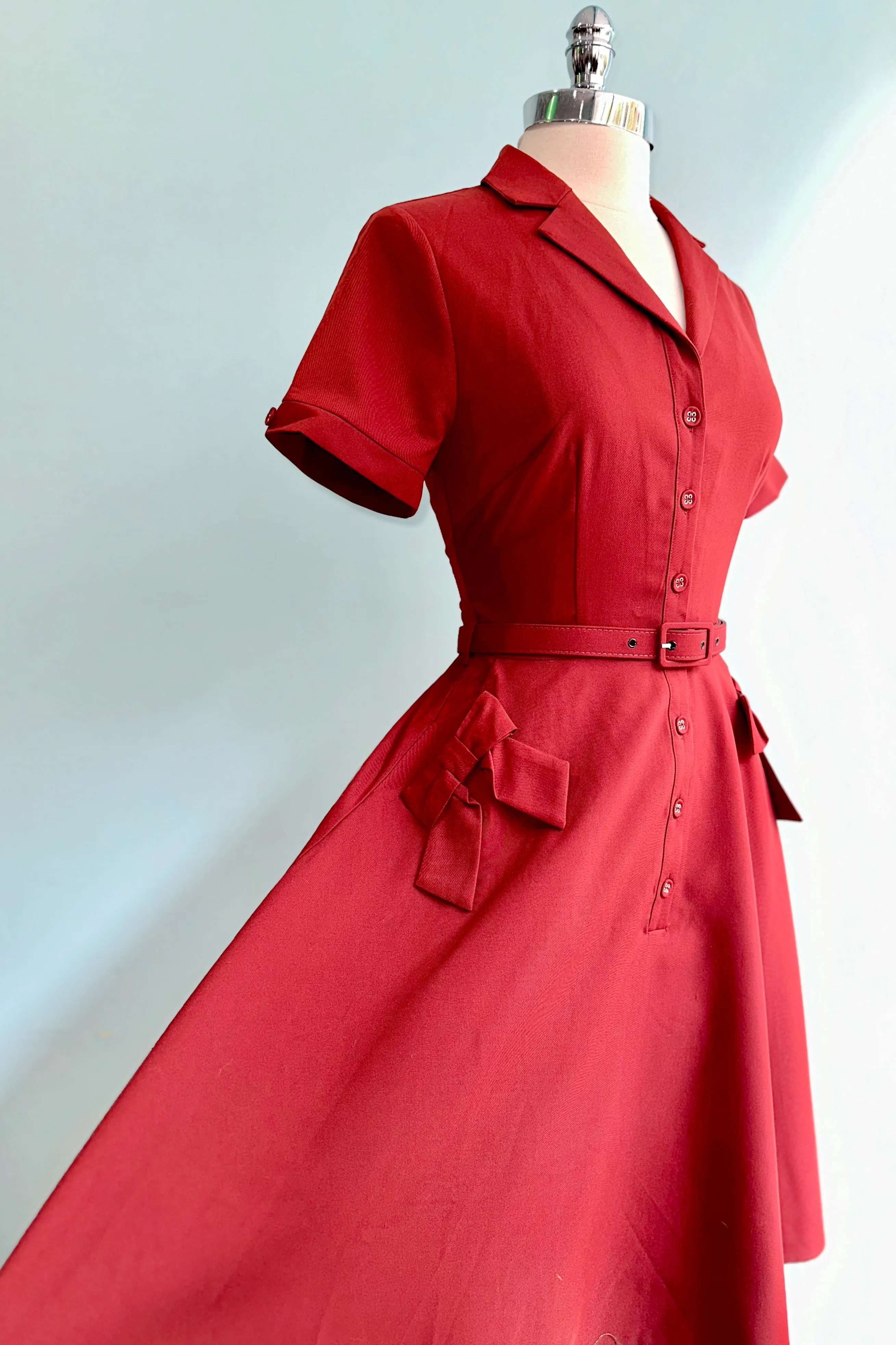 Burgundy Shirt Dress with Bow Pockets by Voodoo Vixen