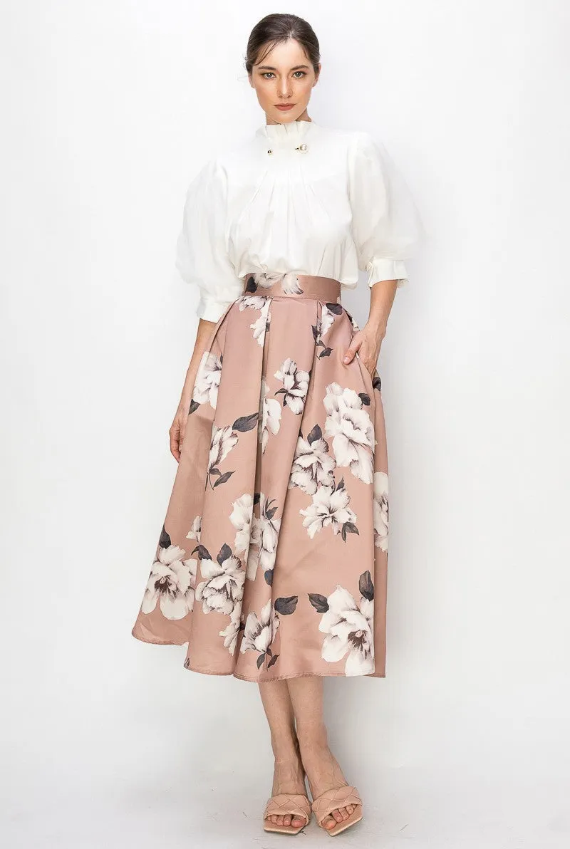 Cappuccino High Waist Floral Print Pleated Midi Skirt