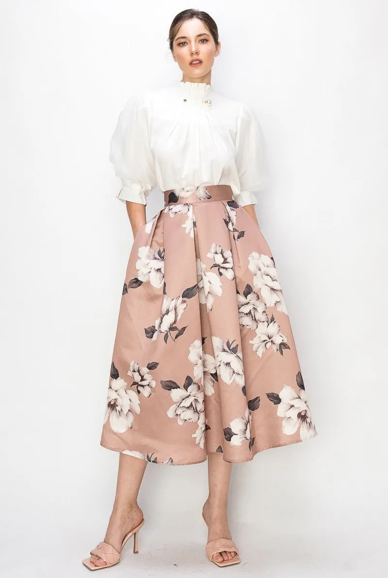 Cappuccino High Waist Floral Print Pleated Midi Skirt