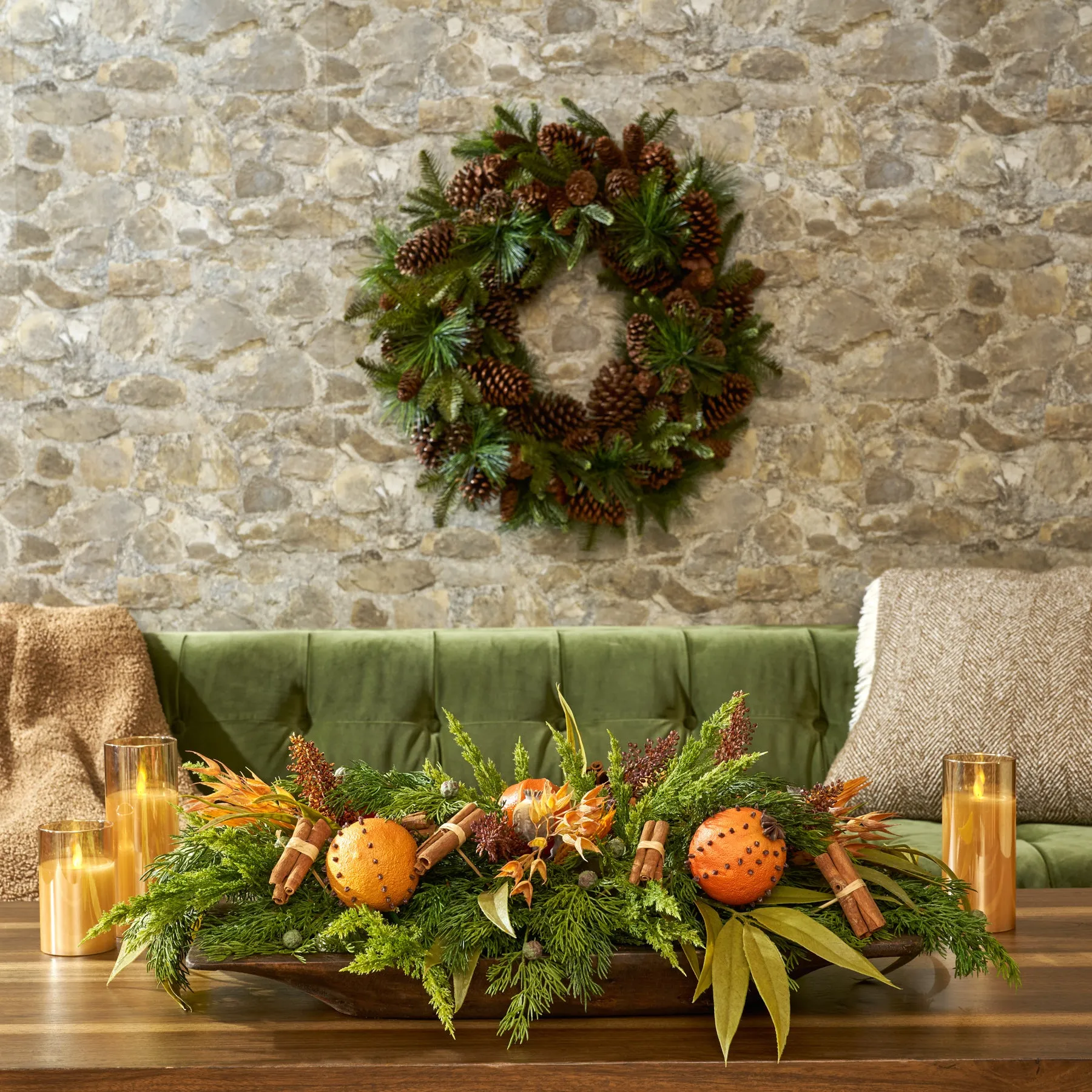 Citrus Spice - Clove Oranges, Cinnamon Stick, Juniper & Needle Eucalyptus Williamsburg Style Large Centerpiece Arrangement in Large Wood Dough Bowl