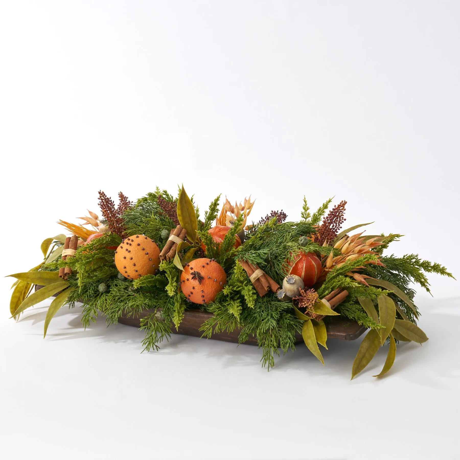 Citrus Spice - Clove Oranges, Cinnamon Stick, Juniper & Needle Eucalyptus Williamsburg Style Large Centerpiece Arrangement in Large Wood Dough Bowl