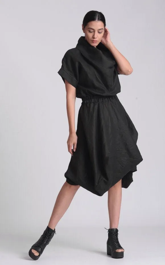 Cowl Neck Linen Dress In Black