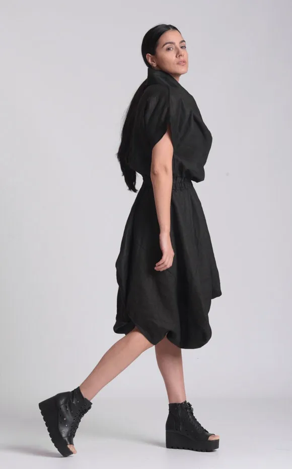 Cowl Neck Linen Dress In Black