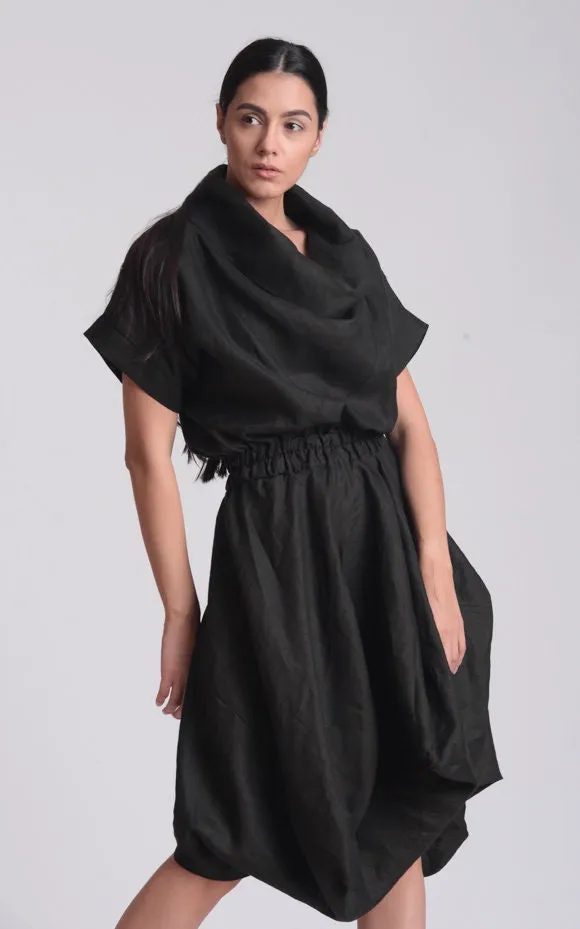 Cowl Neck Linen Dress In Black