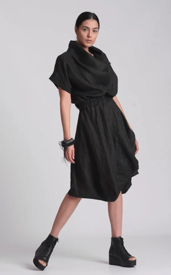 Cowl Neck Linen Dress In Black