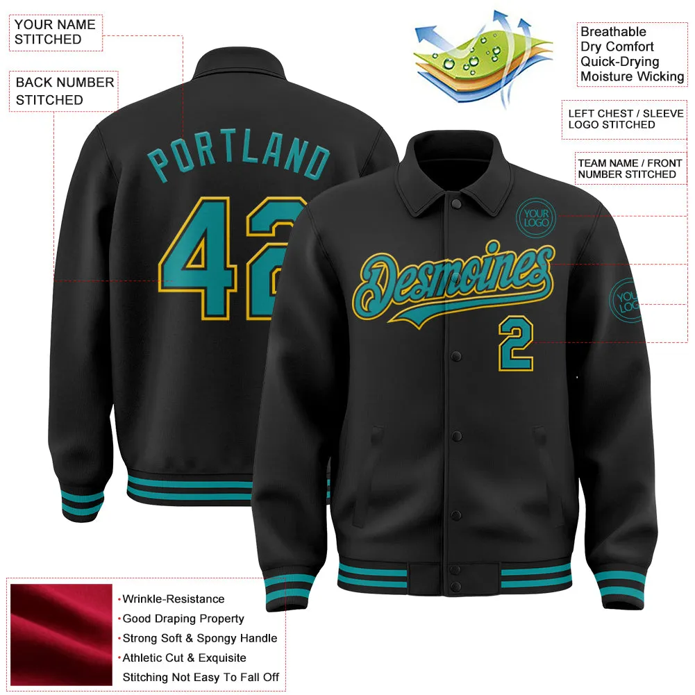 Custom Black Teal-Yellow Bomber Full-Snap Varsity Letterman Lapel Collar Byron Jacket