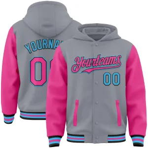 Custom Gray Pink Black-Sky Blue Bomber Full-Snap Varsity Letterman Two Tone Hoodie Jacket