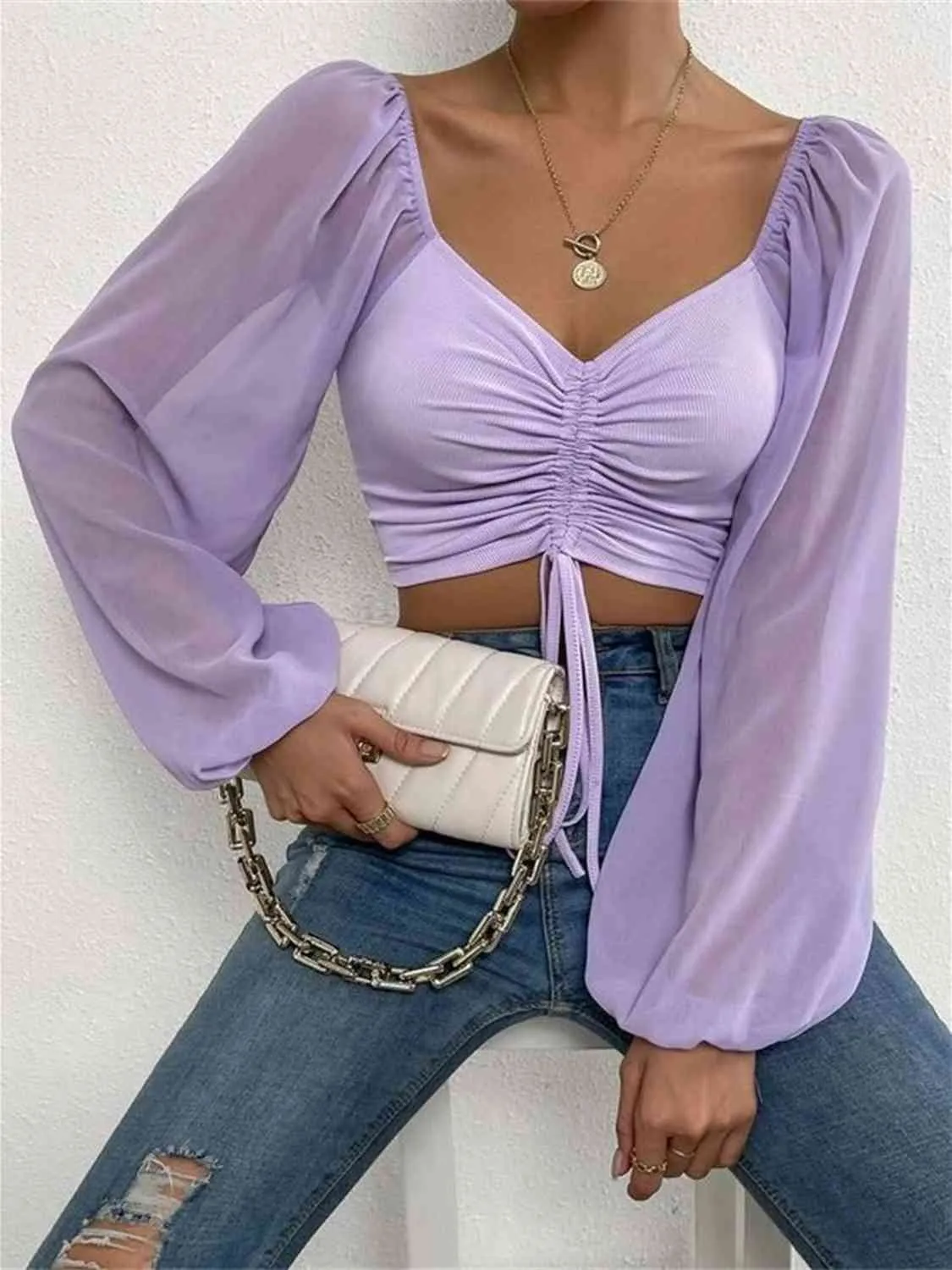 Drawstring Sweetheart Neck Cropped Top