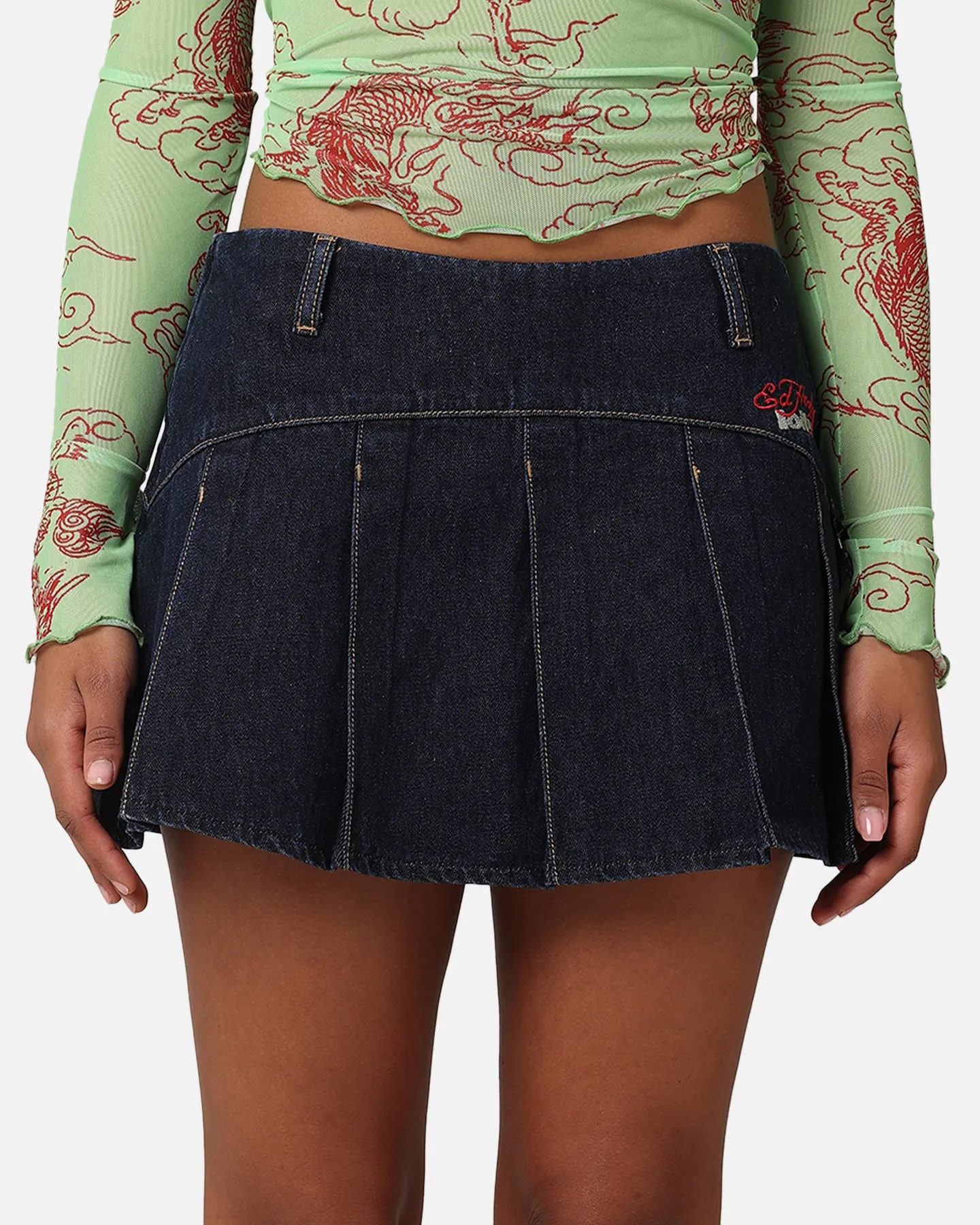 Ed Hardy By Loiter Women's Pleated Mini Skirt Raw Indigo