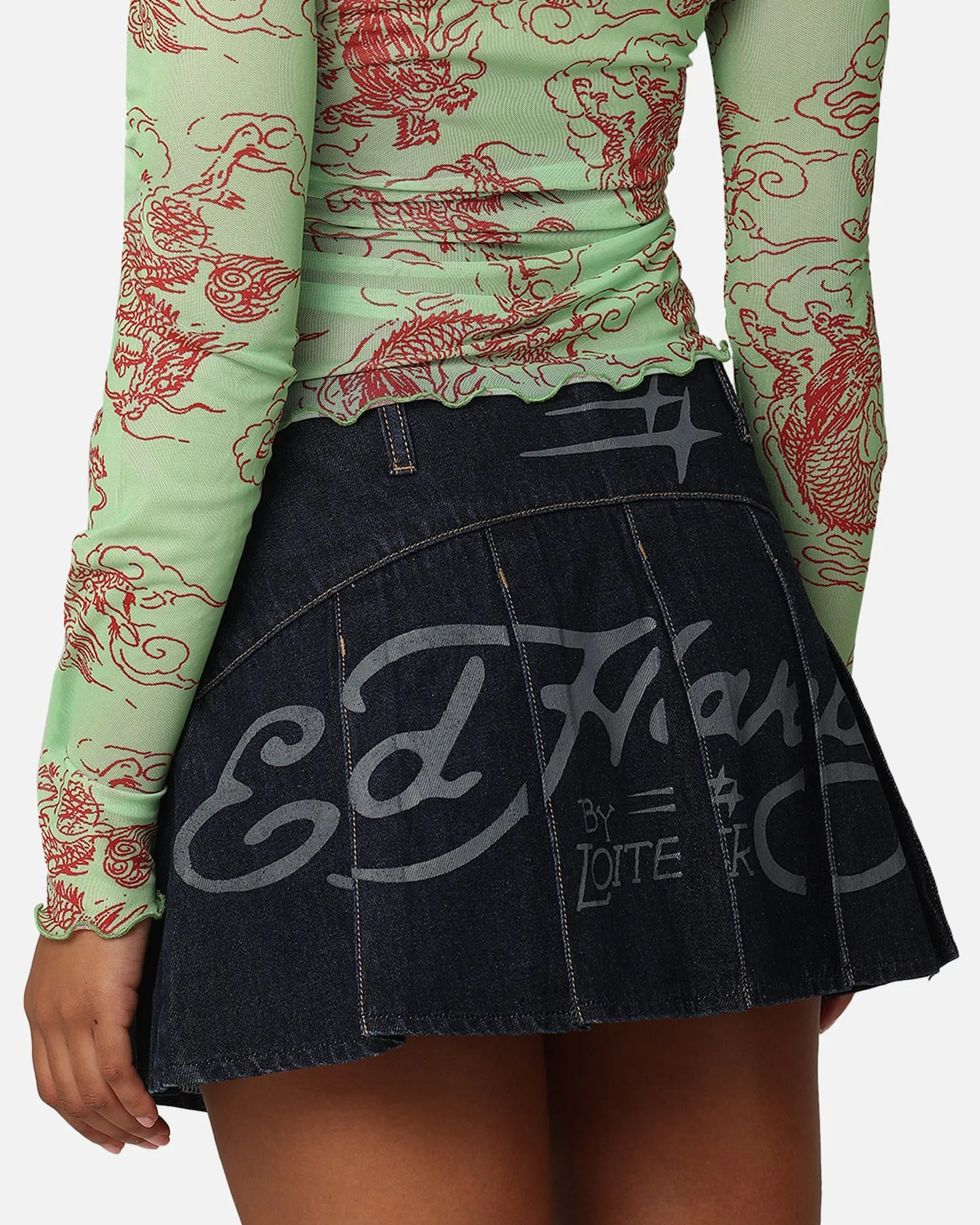 Ed Hardy By Loiter Women's Pleated Mini Skirt Raw Indigo