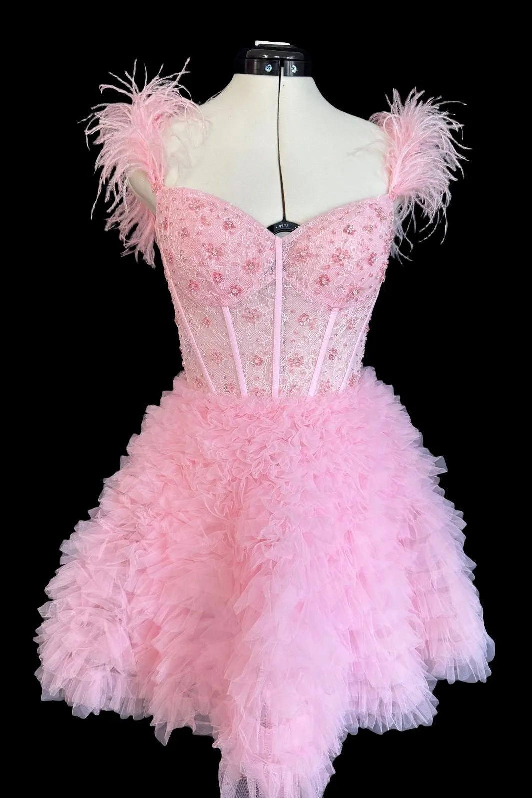 Feather Straps Pink Beaded Ruffle Short Princess Dress