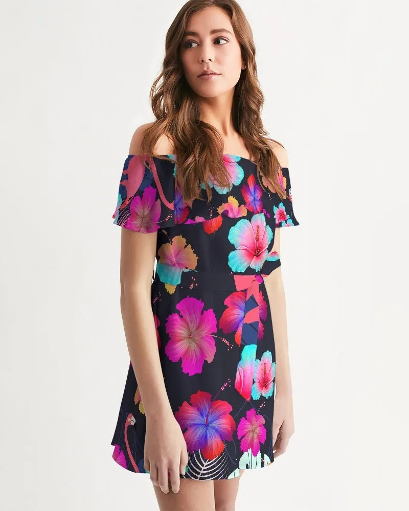 Floral Hibiscus Flamingos Off Shoulder Dress