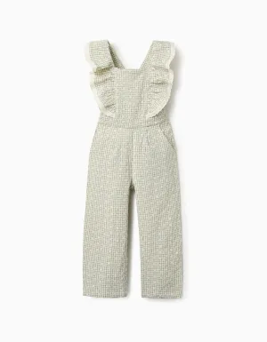 Gingham Jumpsuit with Embroidery for Girls, Green/White