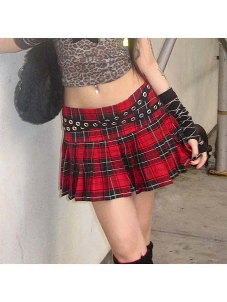 Girlary Woman Chiffon Mini Contrast Color Skirt With Belt Pleated Plaid Skirt Daily A-line Korean Skirt Streetwear Cute Preppy Style Gya