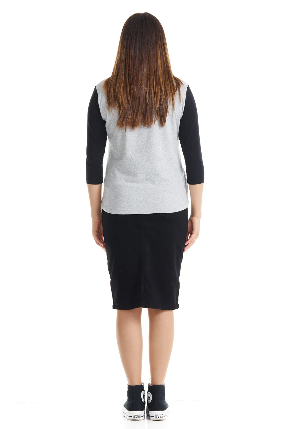 Heather Grey/Black 3/4 Sleeve Cotton Henley Shirt for Women