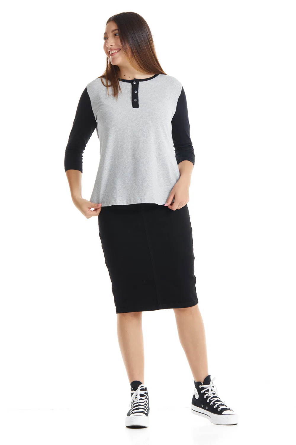 Heather Grey/Black 3/4 Sleeve Cotton Henley Shirt for Women