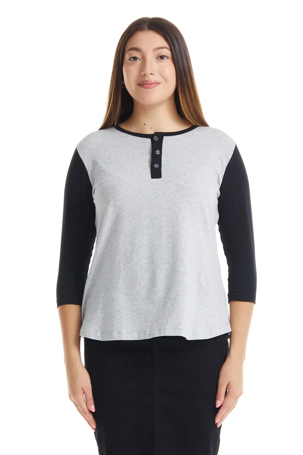 Heather Grey/Black 3/4 Sleeve Cotton Henley Shirt for Women