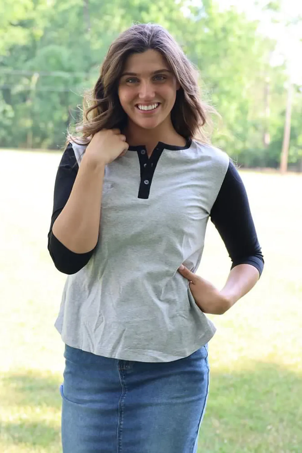 Heather Grey/Black 3/4 Sleeve Cotton Henley Shirt for Women