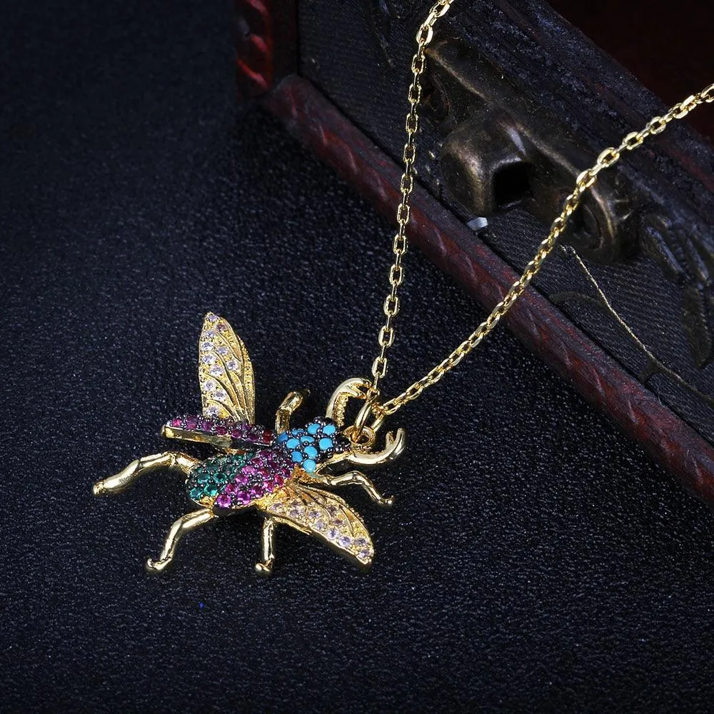 Honey Bee Insect Pendant Necklace, Cubic Zirconia Fashion Jewelry for Women