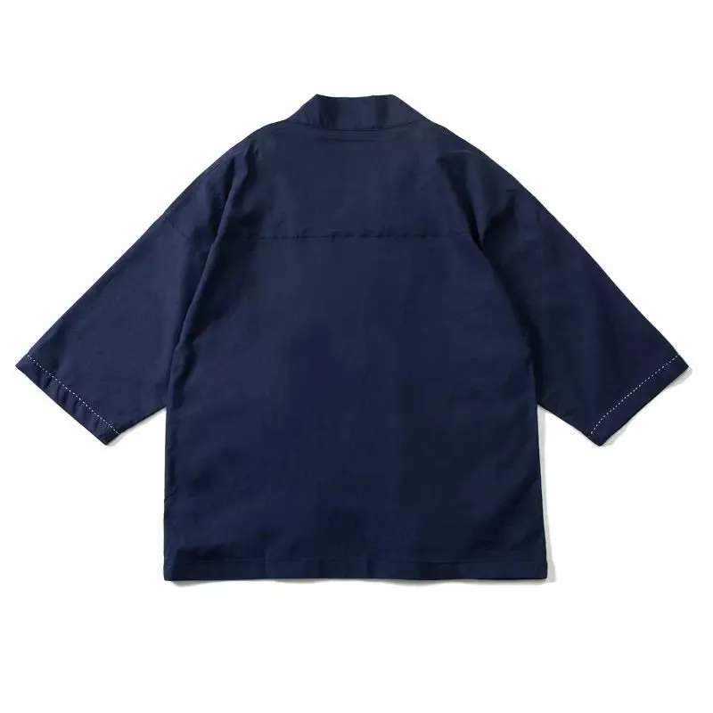 Indigo-Dyed Toggle Button Half-Sleeve Kimono Jacket