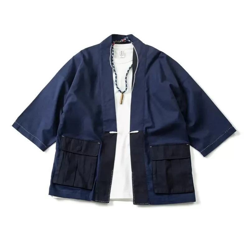 Indigo-Dyed Toggle Button Half-Sleeve Kimono Jacket