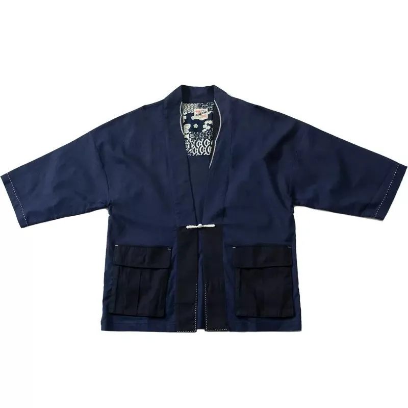 Indigo-Dyed Toggle Button Half-Sleeve Kimono Jacket