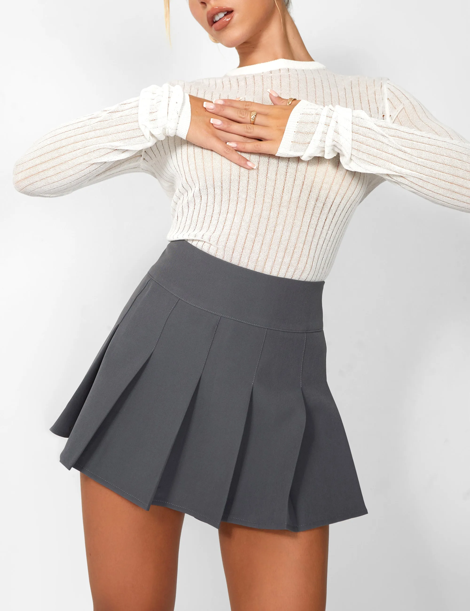 Kaiia Pleated Mini Skirt in Charcoal Grey