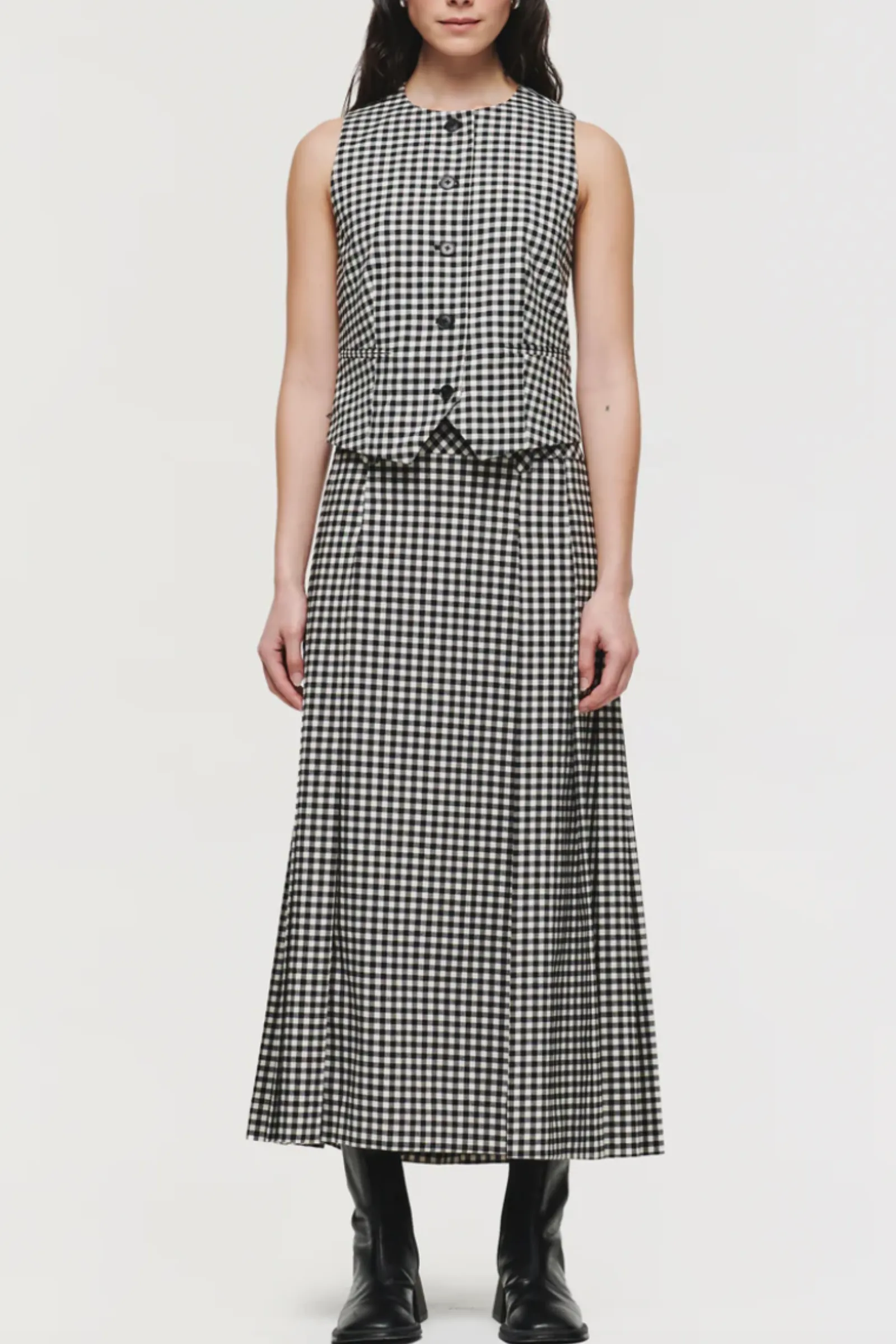 Martello Check Waistcoat And Kinga Long Pleated Skirt