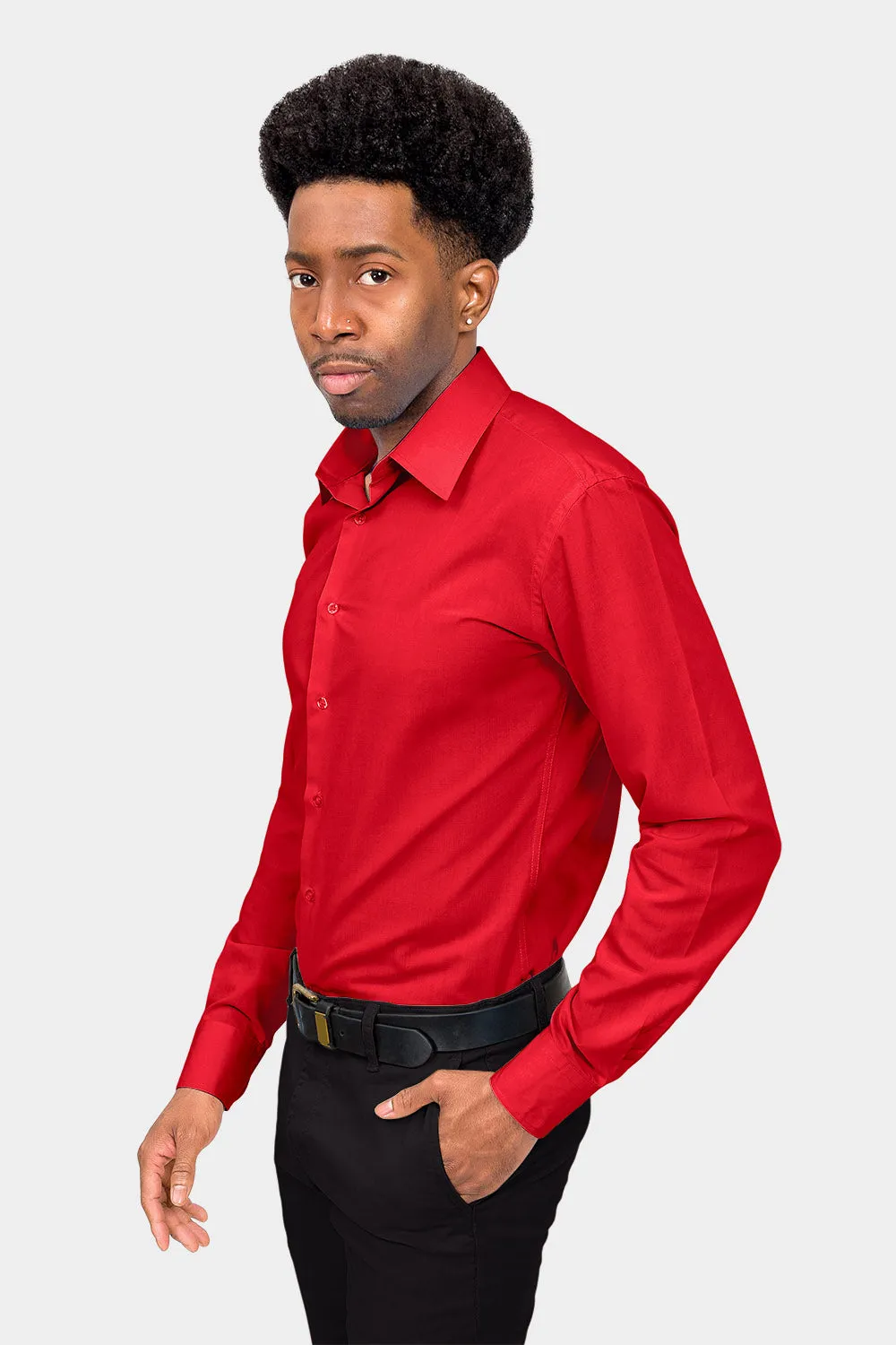 Men's Slim Fit Solid Color Dress Shirt (Red)